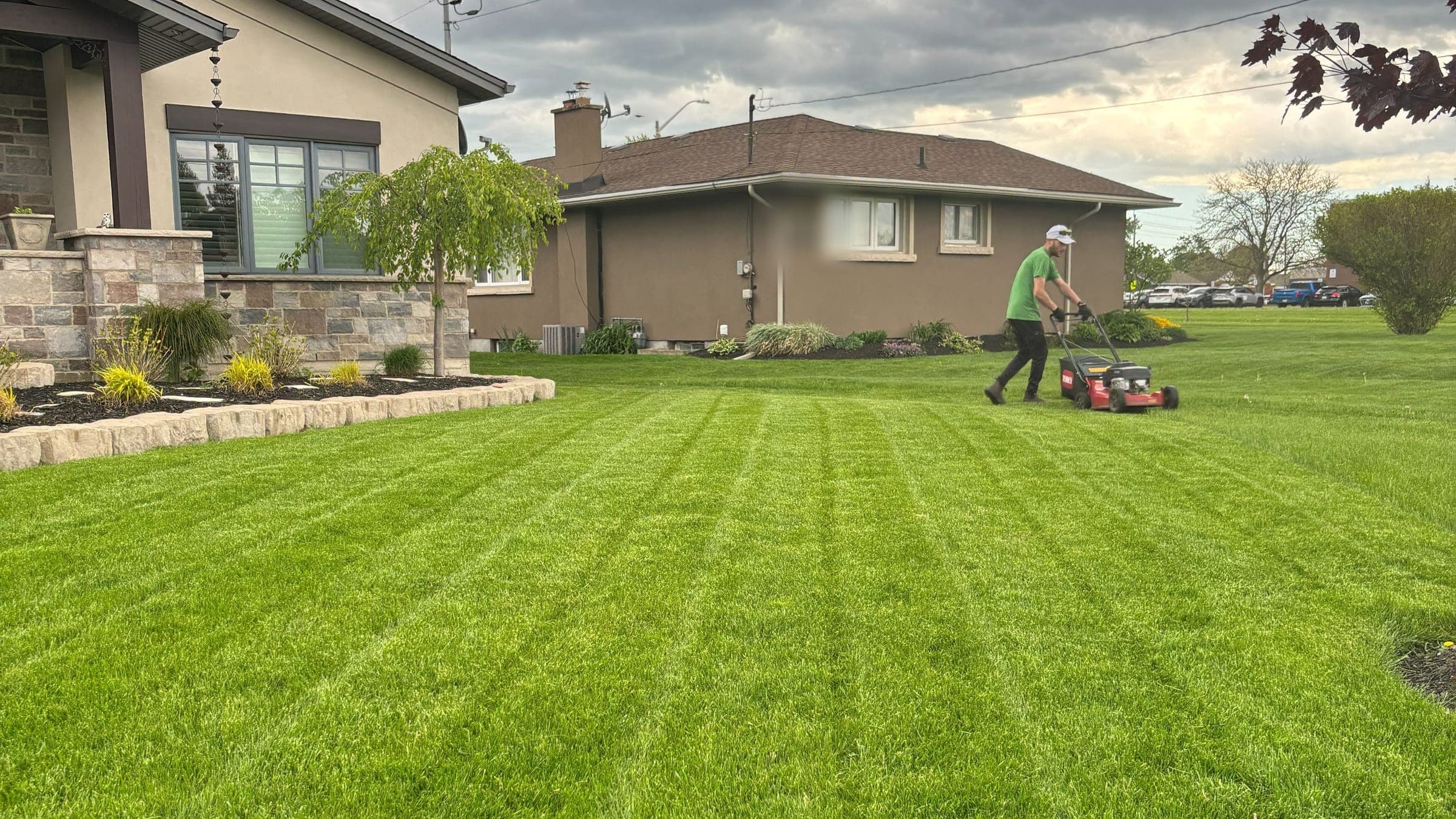 Crew member cutting grass with a push mower at a managed residential property in Thorold, leaving fresh stripes across the lawn